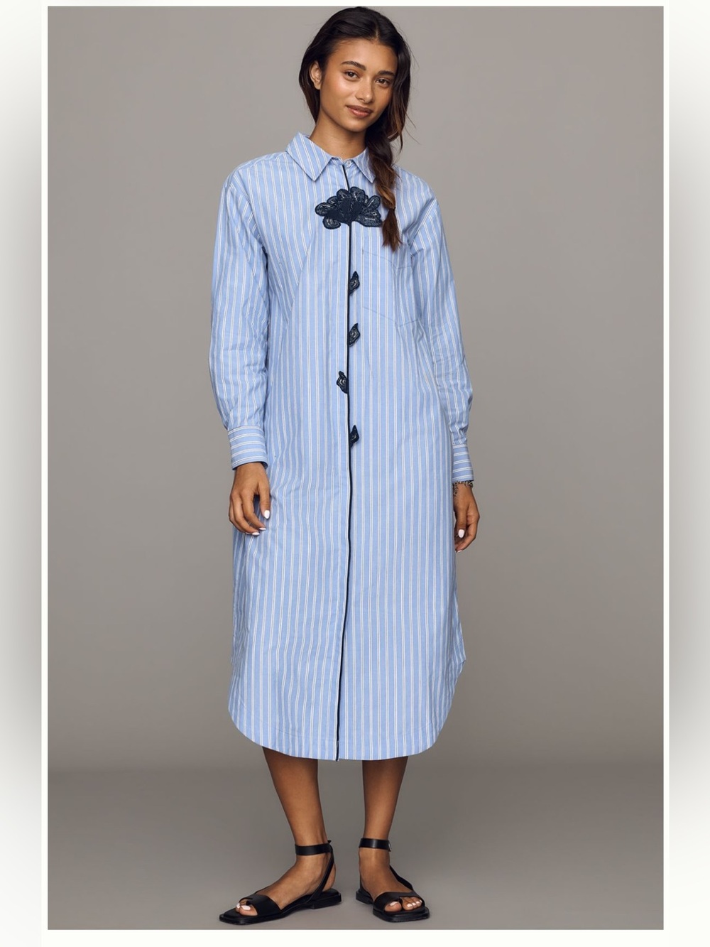 Anthropologie Light Blue & White Striped Midi Shirt Dress with Black Appliqué